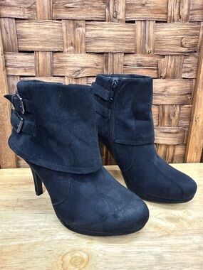 Women’s Black Suede Fold-Over Ankle Booties with Buckle Accent
